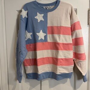 Tricia Fix Striped Crewneck Sweatshirt in Blue, Pink & Cream with Stars